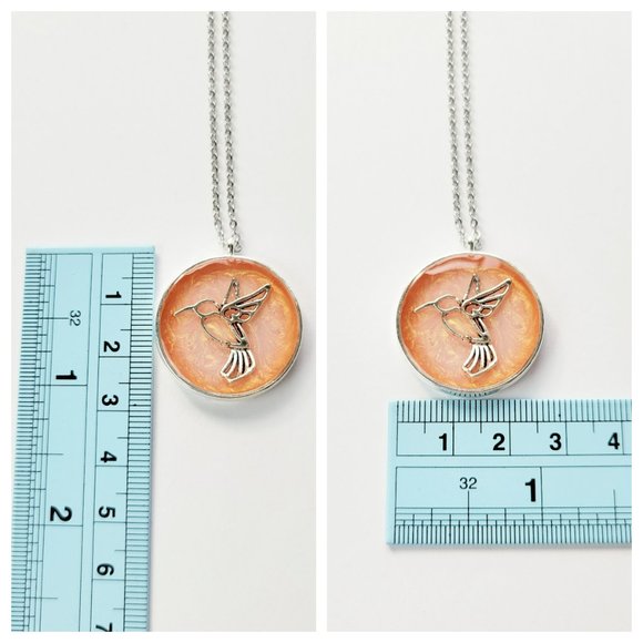 Hummingbird Pendant Necklace Metallic Peach Silver Round Bezel Handmade Necklace - Picture 7 of 9